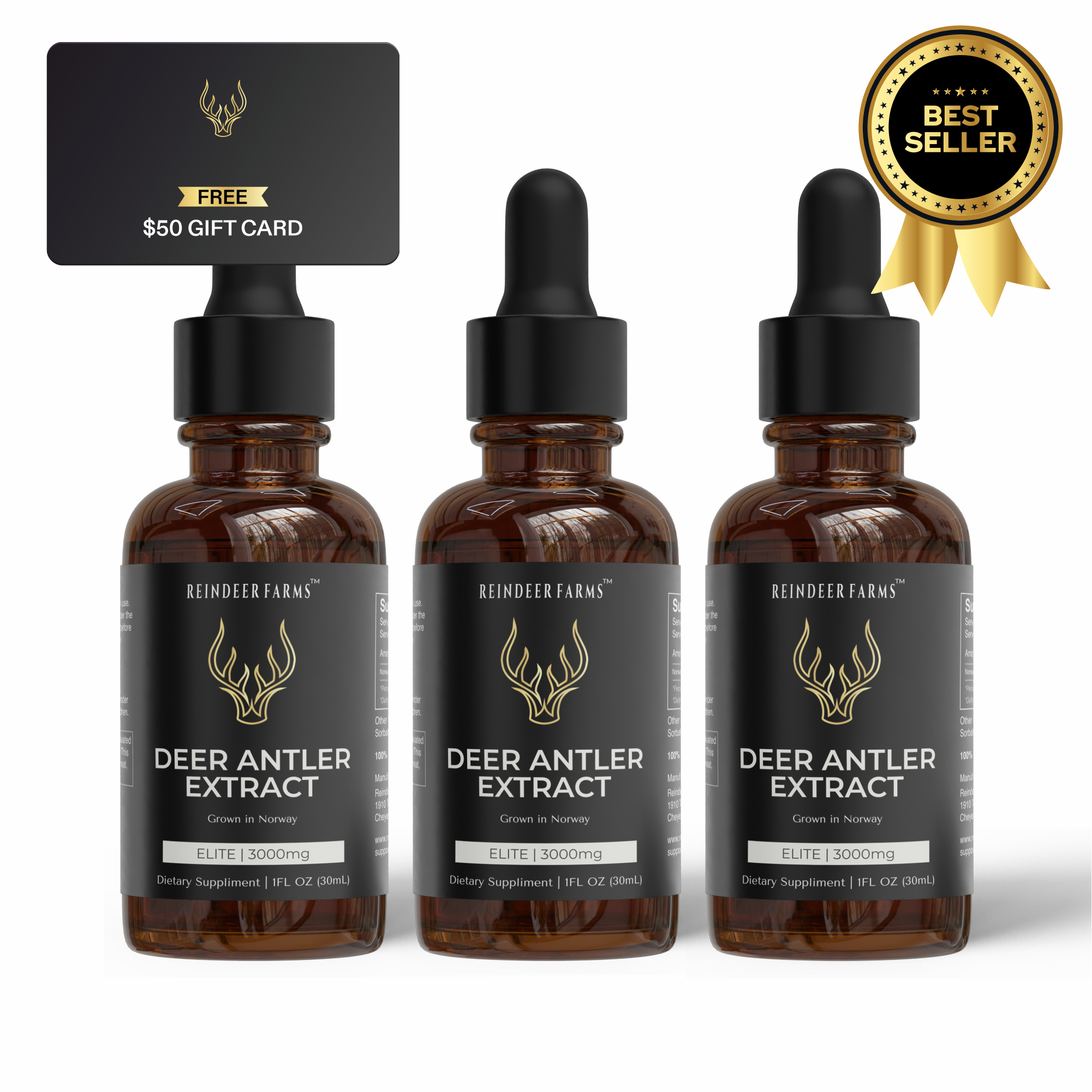 (3 Pack) Elite Reindeer Antler Extract - Reindeer Farms Deer Antler Velvet Extract